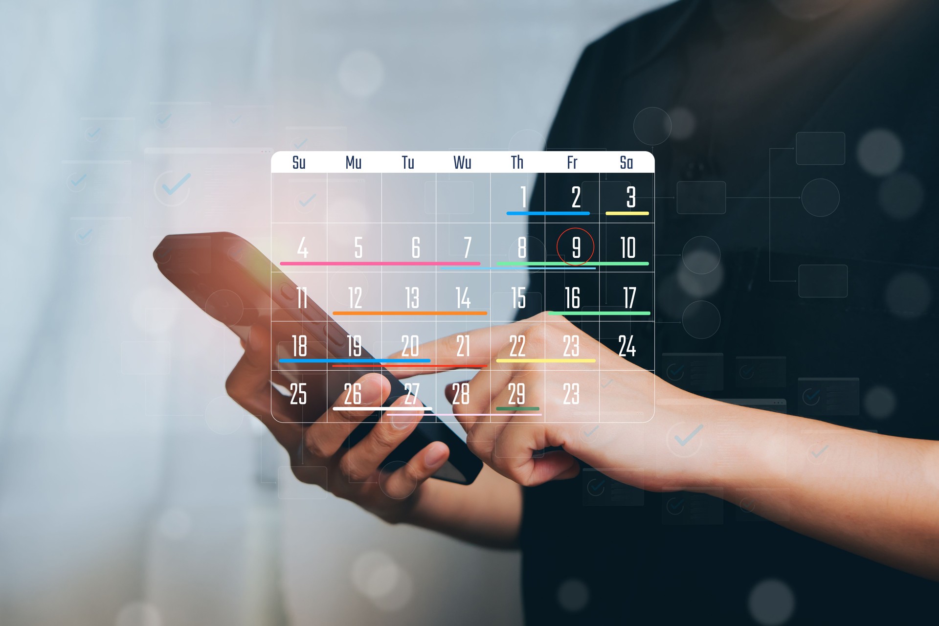 Person Using Mobile Device to Manage Calendar with Digital Interface and Data Visualization